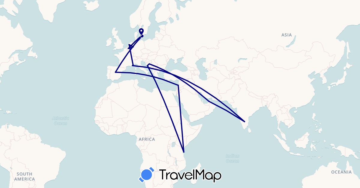 TravelMap itinerary: driving in United Arab Emirates, Bosnia and Herzegovina, Belgium, Germany, Denmark, Spain, France, Croatia, India, Lebanon, Monaco, Netherlands, Sweden, Tanzania (Africa, Asia, Europe)